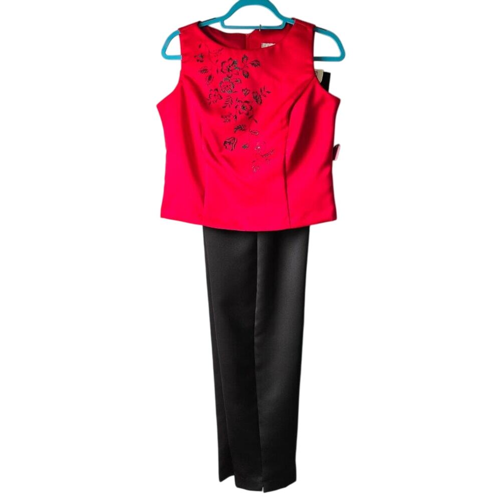 Vintage Oriental 2 pc Black Pant Set with Sleeveless Red Printed Top - Size 8